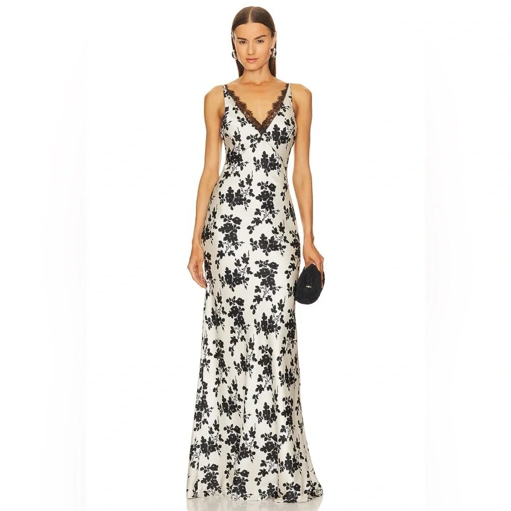NWT Veronica Beard Hamina Silk and Lace Black and White Floral Maxi Slip Dress - Picture 1 of 5